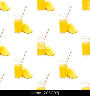 Yellow pineapple juice in a glass with slices repeat seamless pattern on white background. Stock Photo