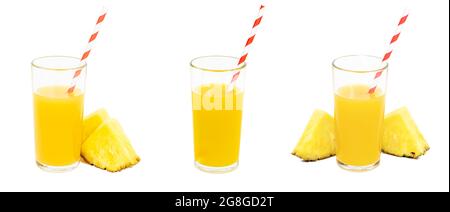 Fresh homemade pineapple juice in a glass with slices and a straw set isolated on white background. Stock Photo