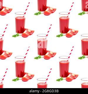Red tomato juice in the glass with slices repeat seamless pattern on white background. Stock Photo