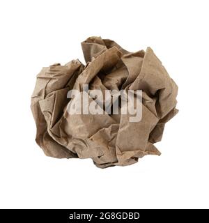 crumpled brown paper ball on white background, wrinkled kraft paper Stock Photo