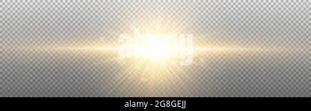 Sun light on transparent backdrop. Realistic glowing light effect. Gold star with rays. Abstract burst with golden particles and glitter. Vector Stock Vector