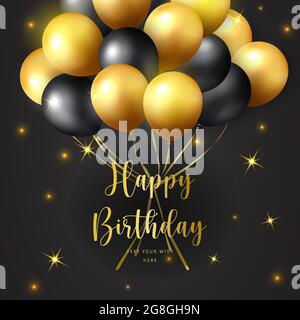 Elegant golden yellow black ballon Happy Birthday celebration card banner template background Stock Vector