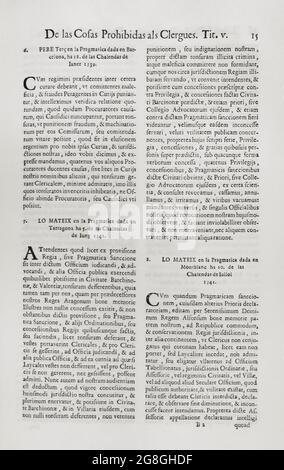 Pragmatics and other Rights of Catalonia. Constituciones y otros Derechos de Cataluña (Constitutions and other Rights of Catalonia), compiled by virtue of the Court Chapter XXIV, of the Courts chaired by Philip II and which were held in the village of Monzón in 1585. Second volume. Printed in the House of Joan Pau Marti and Joseph Llopis Estampers, 1704. First Book. On Things Forbidden to Clerics. Title V. Pere III (1319-1387) in the Pragmatica given in Barcelona in 1339, Tarragona and Montblanc in 1341. Historical Military Library of Barcelona, Catalonia, Spain. Stock Photo