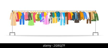 Men and women clothes on long rolling hanger rack. Many different garments hanging on store hanger stand with wheels. Flat cartoon vector illustration Stock Vector