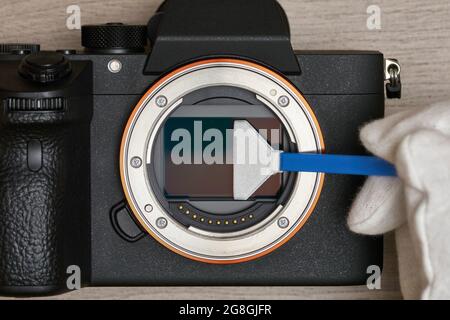 Cleaning a modern digital full-frame camera sensor using a sensor swab Stock Photo