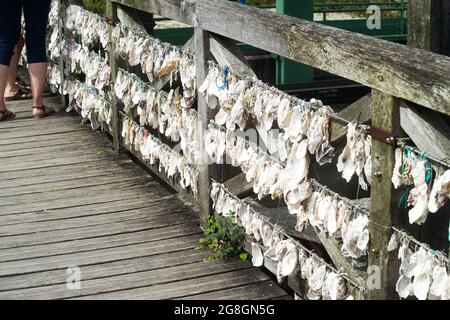 Oyster shells suspended two by two on a bridge in the island of Oléron Stock Photo