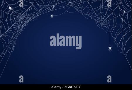 Spider web banner. Halloween spooky decorated background with cobwebs in corners and hanging spiders. Scary spiderweb frame vector pattern Stock Vector