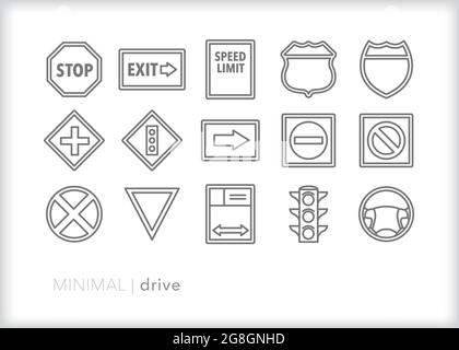 Set of driving line icons of street and highway signs for rules of the road Stock Vector