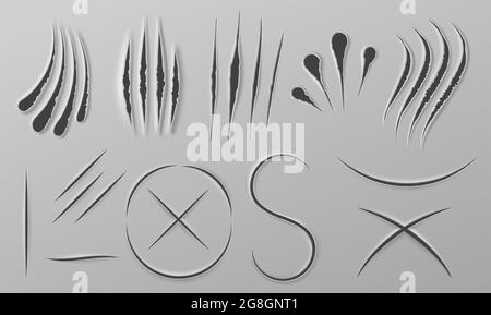 Realistic paper knife cuts. Wild animal claw scratches, slice line and sharp blade cross wound. Paw slash and beast attack marks vector set Stock Vector