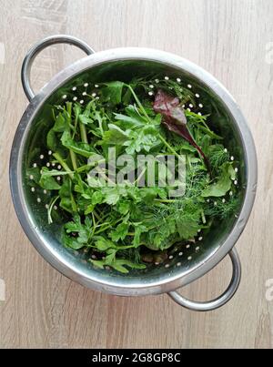 Freshly washed green organic spinach leaves, parsley, dill, beetroot leaves Stock Photo