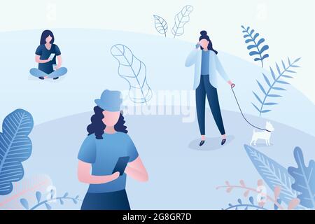 Girls with smartphones,female characters in different positions,park or nature landscape,trendy style vector illustration Stock Vector