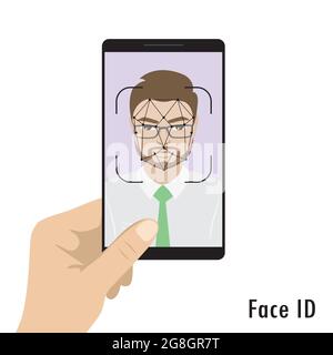 Hand holding modern mobile phone,male face on smartphone screen,Face id concept background,Personality Recognition,isolated on white,vector illustrati Stock Vector