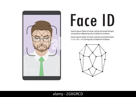 Man face on smartphone screen,Face id concept background,Personality Recognition,isolated on white,vector illustration Stock Vector