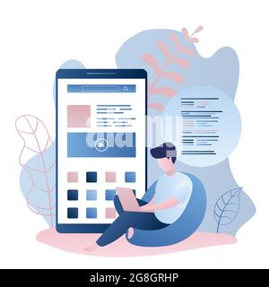 Big smartphone with applications and male sitting with laptop, programmer at work,app development concept,trendy style vector illustration Stock Vector