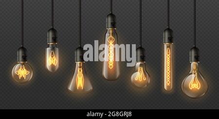 Realistic edison light bulbs. 3d retro hanging steampunk lamps with incandescent lightbulb. Electrical decorative glowing pendant vector set Stock Vector