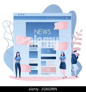 News web page or mobile application and different people using smartphones,male and female characters in trendy simple style,vector illustration flat Stock Vector