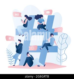 Big hashtag sign and group of cute young people with smartphones,social network and mobile communication,trendy style vector illustration Stock Vector