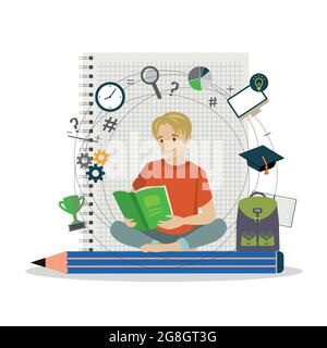 Happy european schoolboy with big pencil and school bag,notebook page and signs,cute male teenager read book,Learning concept,flat vector illustration Stock Vector