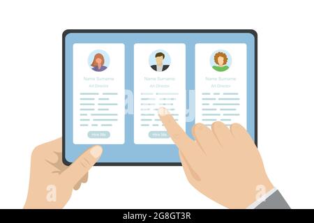 Hands holding tablet pc,three cv resume on screen,application template,job hunting concept, flat vector illustration Stock Vector