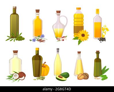 Cooking oil bottles. Natural vegetable, olive, sunflower, avocado and coconut virgin organic oils in glass with ingredient plants vector set Stock Vector