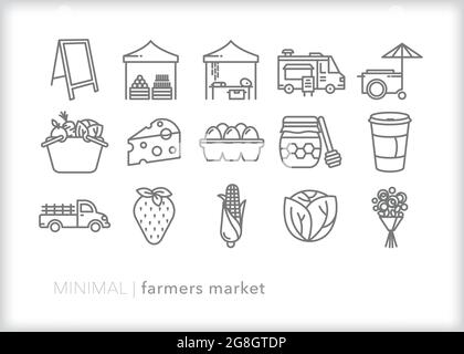 Farmers market icon set of food and drink at a local food stand Stock Vector