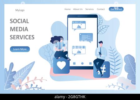 Big smartphone with speech bubbles and signs,People talking and chatting in network,lsocial media services landing page tamplate,trendy style vector i Stock Vector