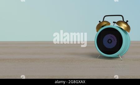 3d rendering of color alarm clock with symbol of circle CD disc on dot display on wooden table with colored wall Stock Photo