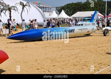 The Blue Flame Land rocket powered Speed Record car on display at the Goodwood Festival of Speed event, UK, driven by Gary Gabelich to record 630mph Stock Photo