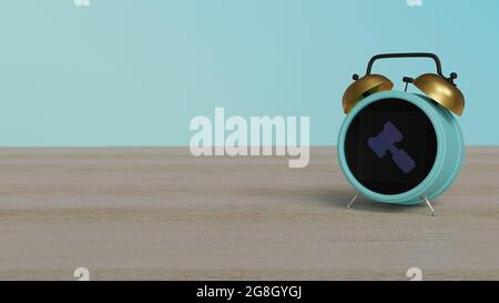 3d rendering of color alarm clock with symbol of court hammer on dot display on wooden table with colored wall Stock Photo