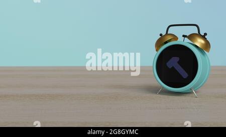 3d rendering of color alarm clock with symbol of workshop hammer on dot display on wooden table with colored wall Stock Photo