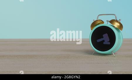 3d rendering of color alarm clock with symbol of law hammer on dot display on wooden table with colored wall Stock Photo