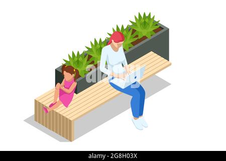 Isometric eco modern street bench vector for web design isolated on white. A modern bench with a flower bed in a city park. City improvement, urban Stock Vector