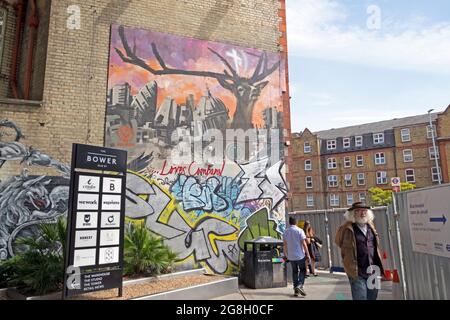 Mural artwork of deer and graffiti on the wall of a building on the corner of Old Street Roundabout and City Road in London E1 England UK  KATHY DEWIT Stock Photo