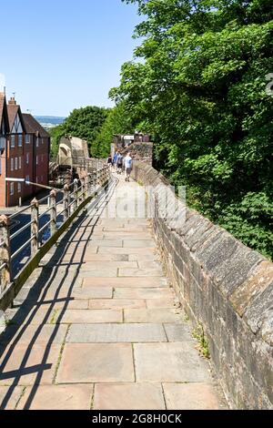 Chester, England - July 2021: Elevated section of  the walk around the city's old wall. Stock Photo
