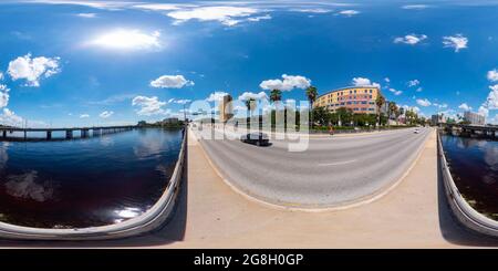 360 degree panoramic view of Tampa, FL, USA - July 16, 2021: 360 vr photo Tampa General Hospital seen from Bayshore Boulevard