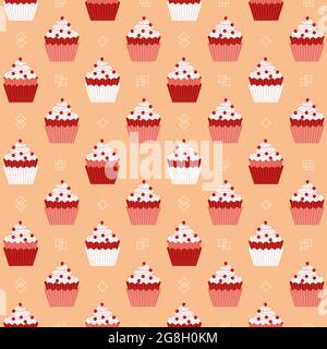 Cupcakes with red berries minimalist seamless vector pattern background. Stock Vector