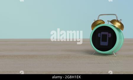 3d rendering of color alarm clock with symbol of smartphone with ringing wires on dot display on wooden table with colored wall Stock Photo