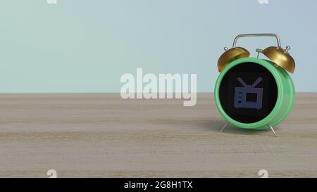 3d rendering of color alarm clock with symbol of old television on dot display on wooden table with colored wall Stock Photo