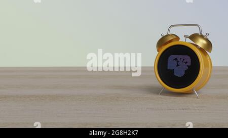 3d rendering of color alarm clock with symbol of breakfast plate with egg, sausage and beans on dot display on wooden table with colored wall Stock Photo