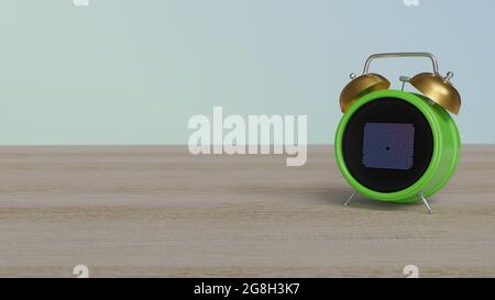 3d rendering of color alarm clock with symbol of Iran flag on dot display on wooden table with colored wall Stock Photo