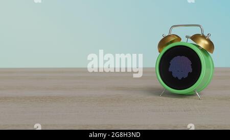 3d rendering of color alarm clock with symbol of lion head wild animal on dot display on wooden table with colored wall Stock Photo