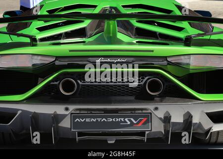 Modena, Italy, july 1 2021 - lamborghini Aventador SVJ sport car detail, Motor Valley Exhibition Stock Photo