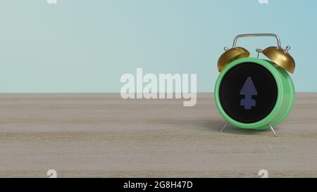 3d rendering of color alarm clock with symbol of Sulphur symbol in alchemy on dot display on wooden table with colored wall Stock Photo