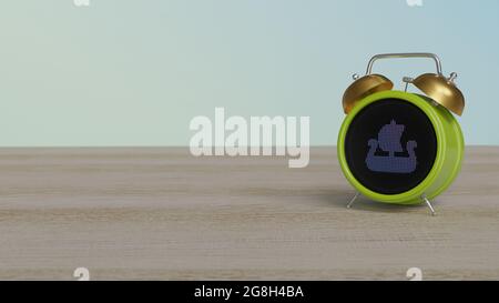 3d rendering of color alarm clock with symbol of old Viking boat from profile on dot display on wooden table with colored wall Stock Photo