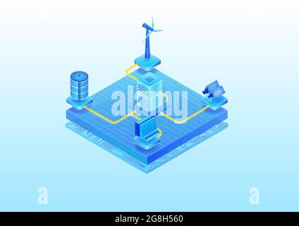 Green IT data center powered by renewable energy sources such as solar power and wind energy. 3D isometric vector illustration as concept for environm Stock Vector