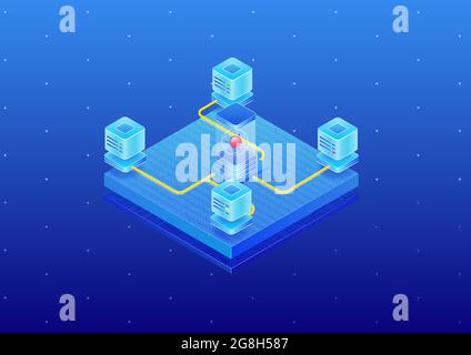 Quantum computing concept. Next generation super computer connected to various servers via the internet. 3D isometric vector illustration Stock Vector