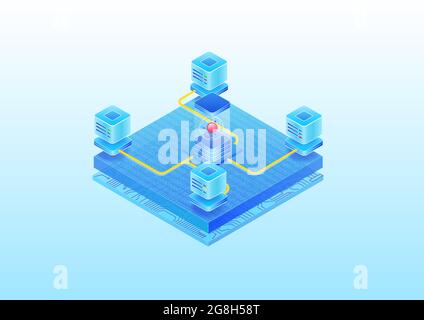 Quantum computing concept. Next generation super computer connected to various servers via the internet. 3D isometric vector illustration Stock Vector
