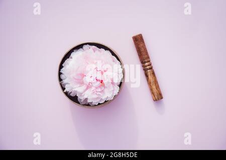 Top view Tibetan singing bowl with floating in water pink peony inside and special stick on pink background. Meditation and Relax. Exotic massage Stock Photo