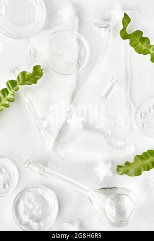 Ice mockup background with broken ice plate and ice stars. Off white cold frozen background with exotic fern leaves. Minimal flat lay, top view with Stock Photo