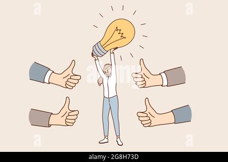Innovative business idea and approval concept. Young caucasian positive business woman cartoon character standing holding light bulb above in hands feeling approval of colleagues vector illustration  Stock Vector